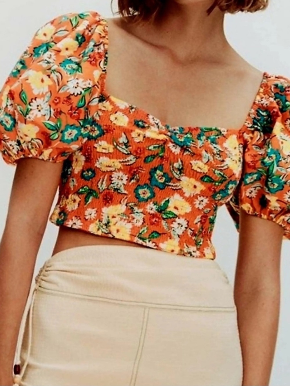 Zara Orange Floral Puff-Sleeve Smocked Crop Top